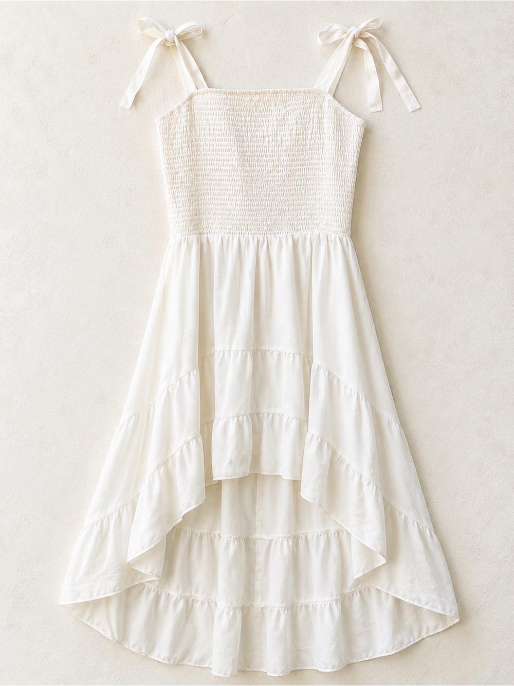 NWT Fashion White Smocked Tie Strap High Low Ruffle Midi Dress Size S